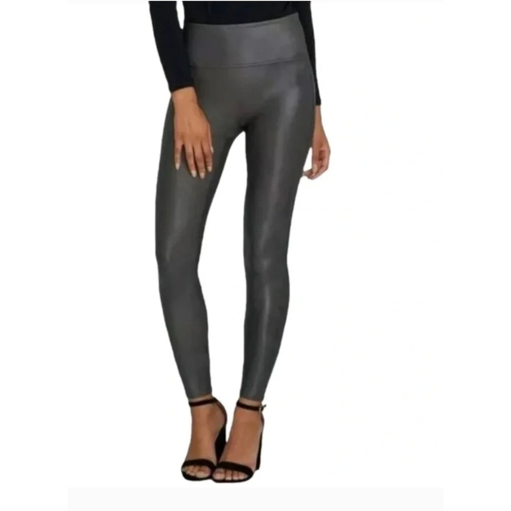 SPANX Faux Leather Shine Leggings Gunmetal Gray Medium Shaping Skinny‎